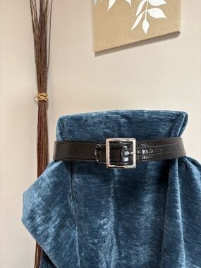 Black Patent Leather Belt with Silver Buckle